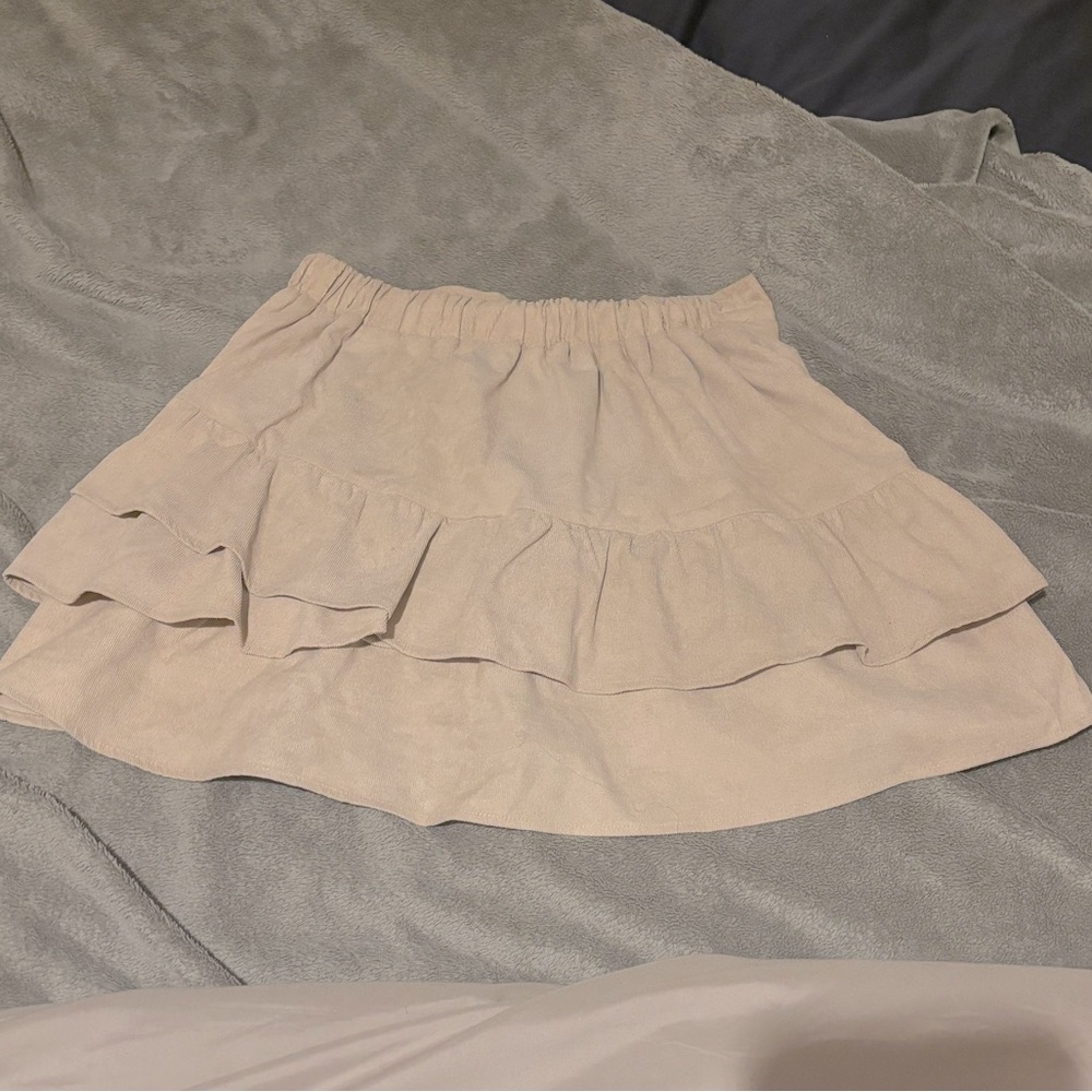 Light tan Ruffle Skirt with a light corduroy type fabric and elastic waistband